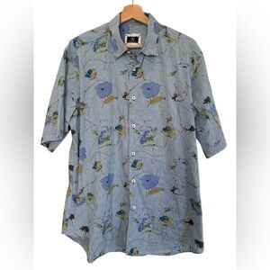 Bugatchi Men Button Up Shirt L Blue Floral Hawaiian Shaped Fit Short Sleeve